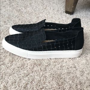 Black Faux Fur Weaved Slip On Sneakers